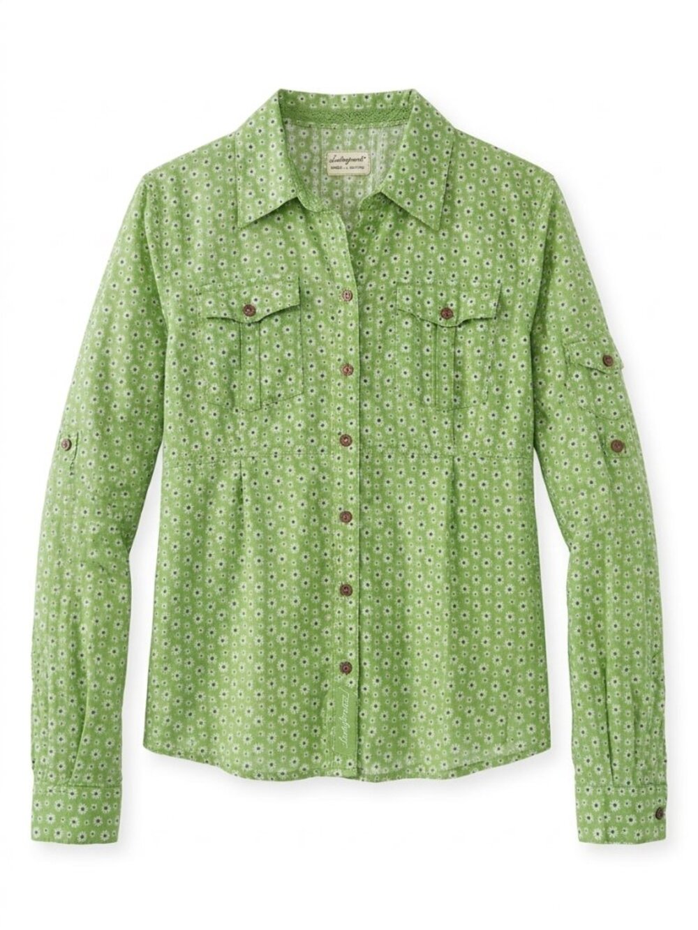 Life Is Good Green Daisy Floral Button Down Utility Shirt Roll Tab Sleeve L